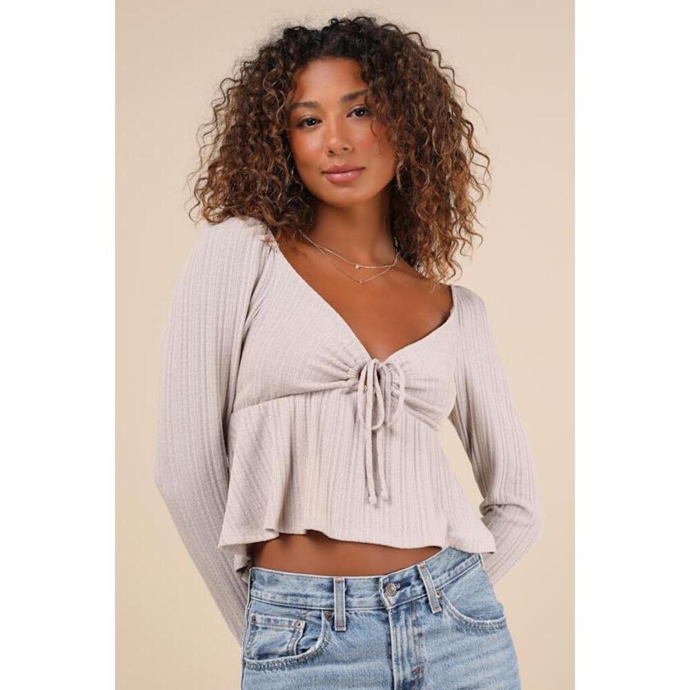 Lulus Impressively Charming Taupe Tie-front Long Sleeve Top - Size S